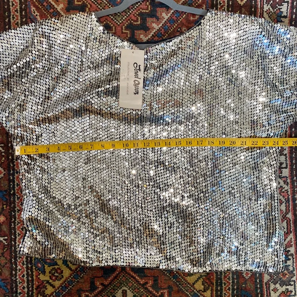 Vintage Silver Sequins Top XL 2X Deadstock Silk Boxy Crop Disco Jewel Queen - Picture 10 of 11